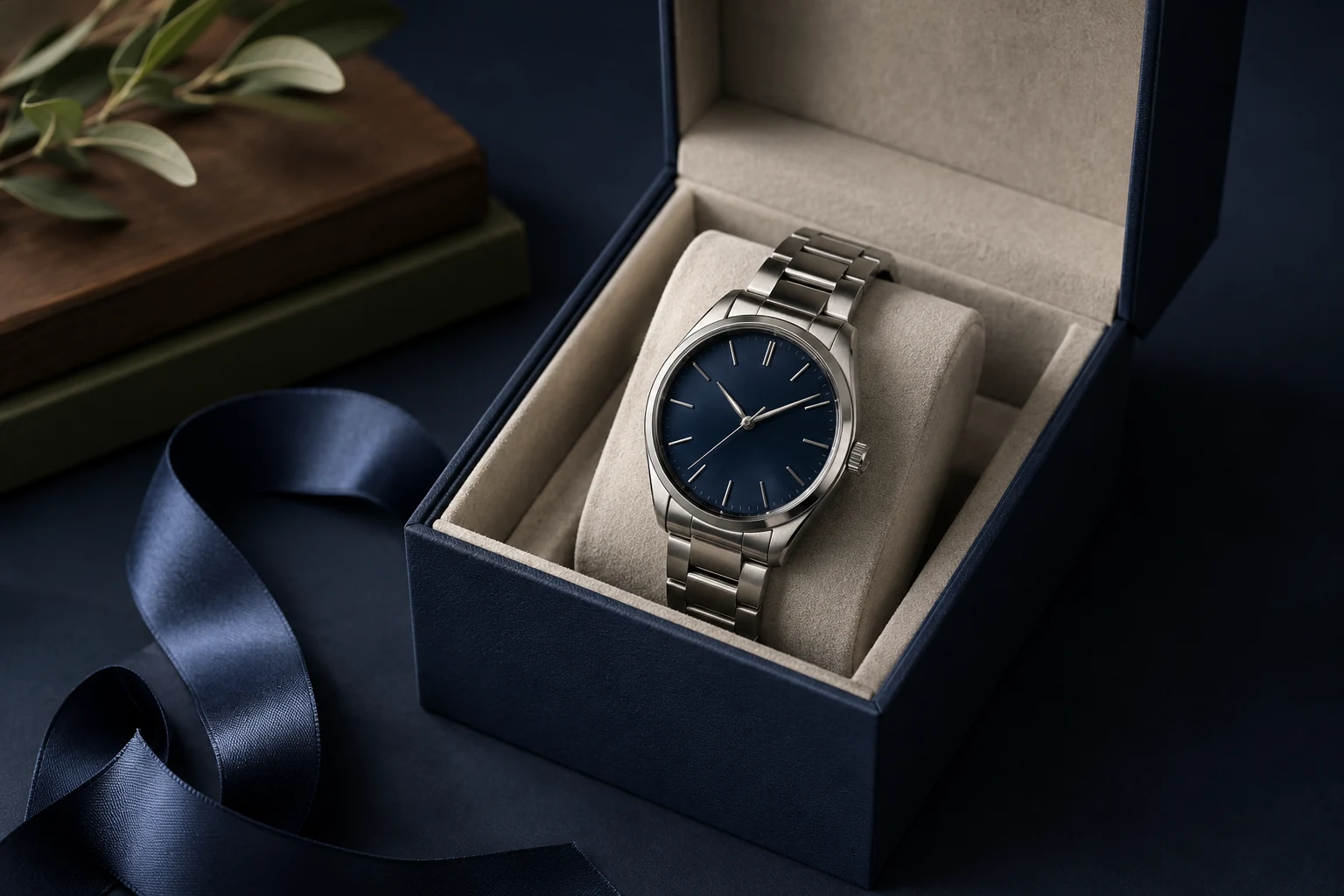 Open navy gift box holding a steel watch