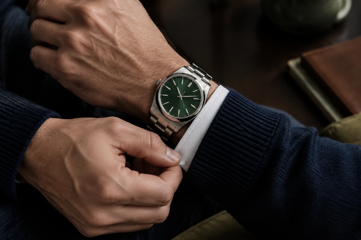 Man's wrist with a green-dial steel watch