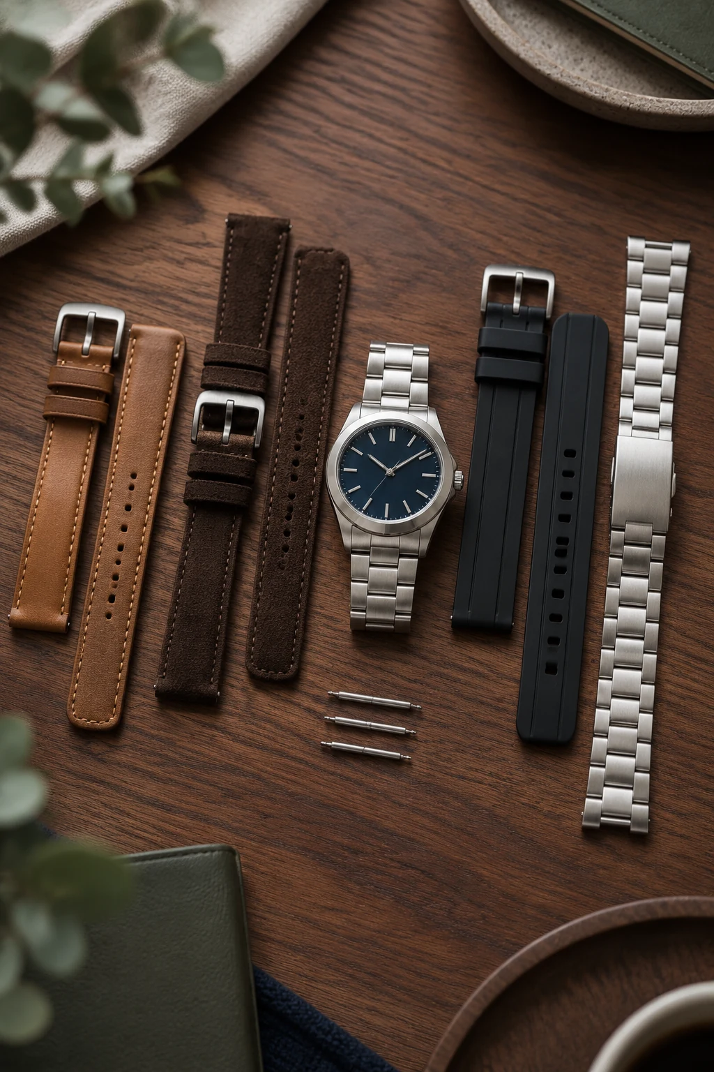 Leather straps and a steel bracelet laid out on a walnut table