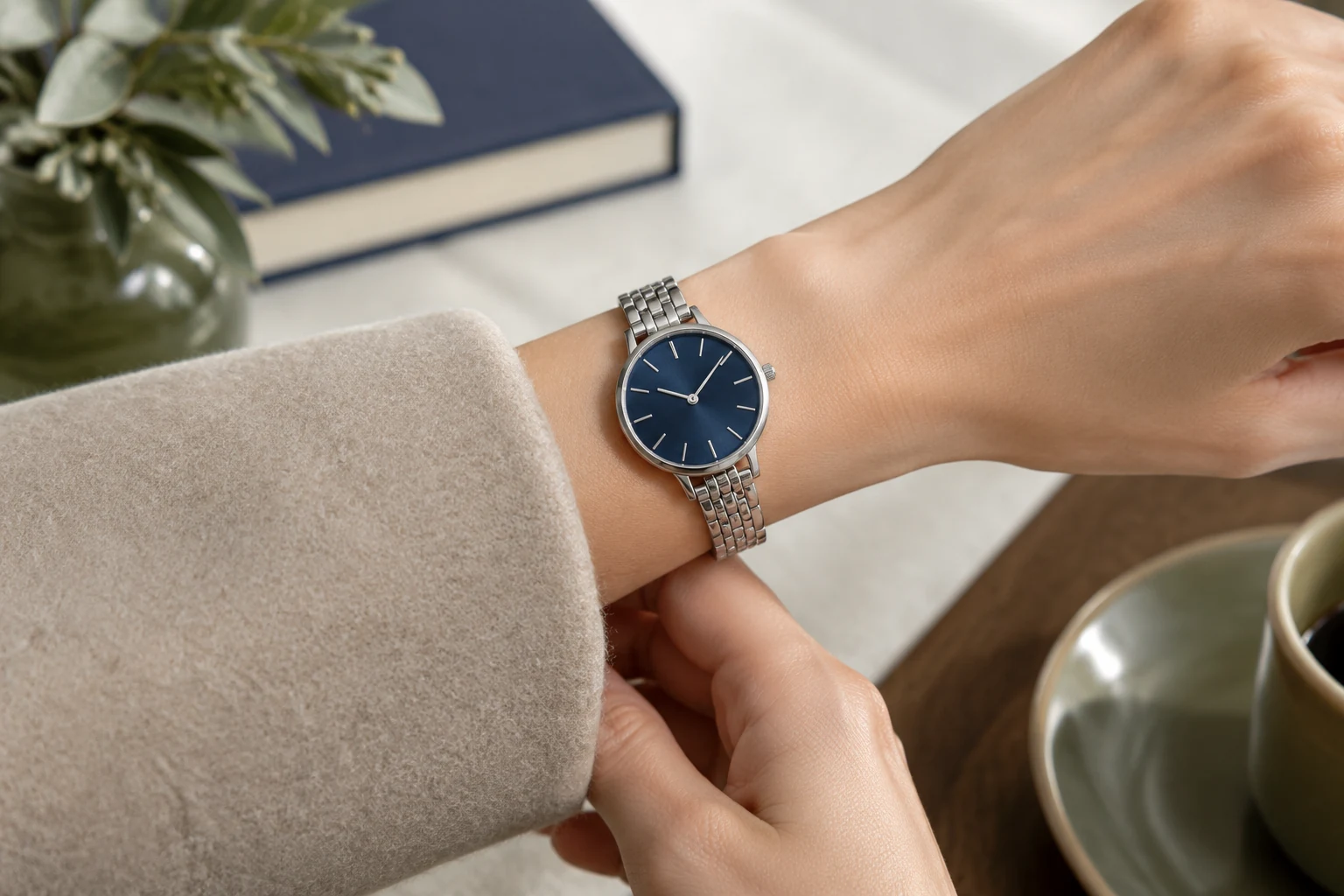 Woman's wrist with a slim blue-dial watch on a link bracelet