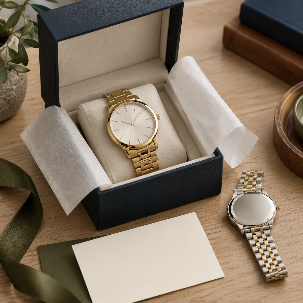 Open gift box with a gold-tone watch, tissue paper and a blank gift card