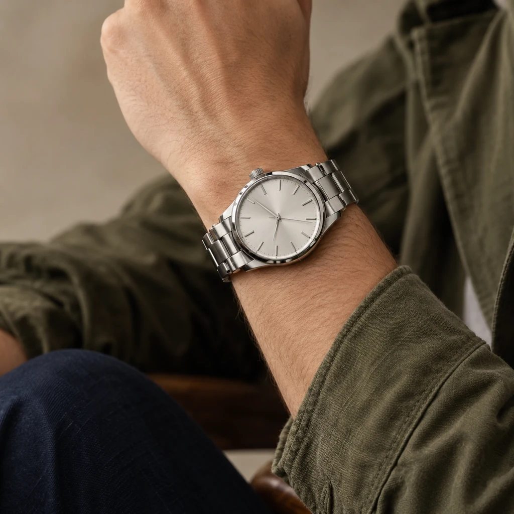 Wrist wearing a steel watch with a silver-white dial under an olive overshirt sleeve