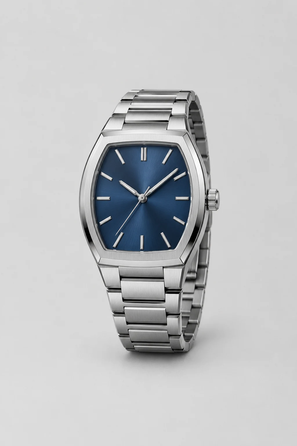 Steel watch with integrated bracelet and blue sunburst dial
