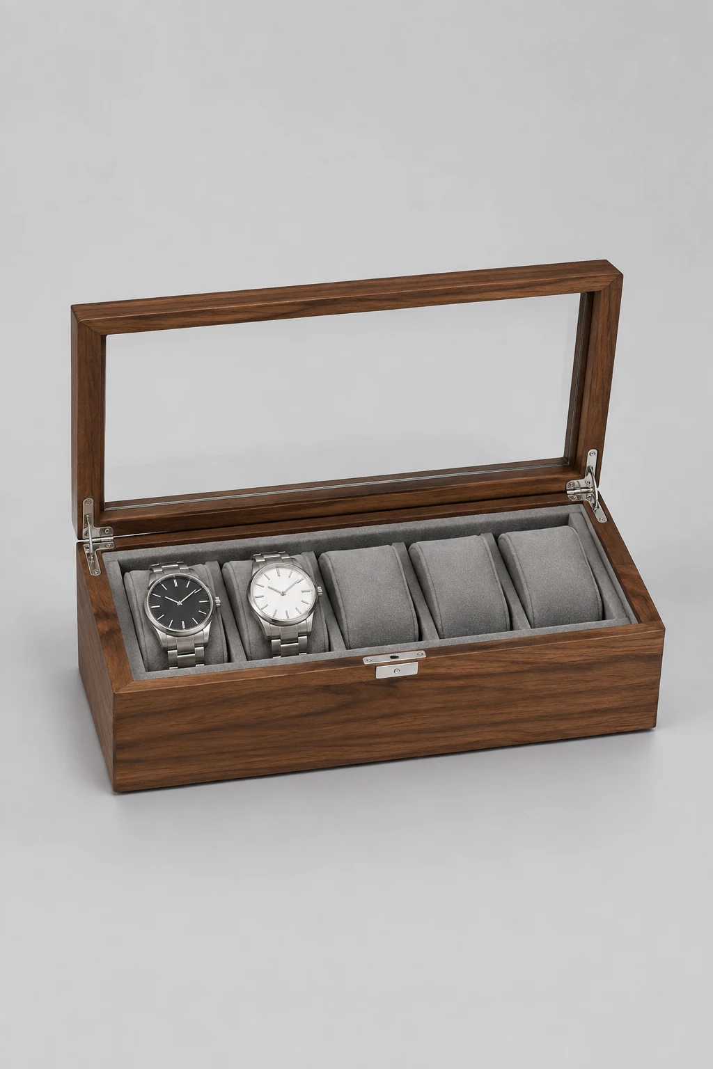 Open walnut watch box with glass lid and grey cushions